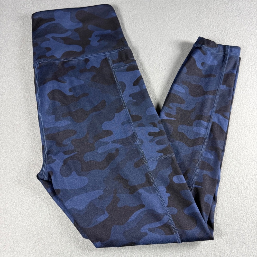 Danskin Womens Medium Camo Leggings Blue High Rise Side Pockets Athletic Pants